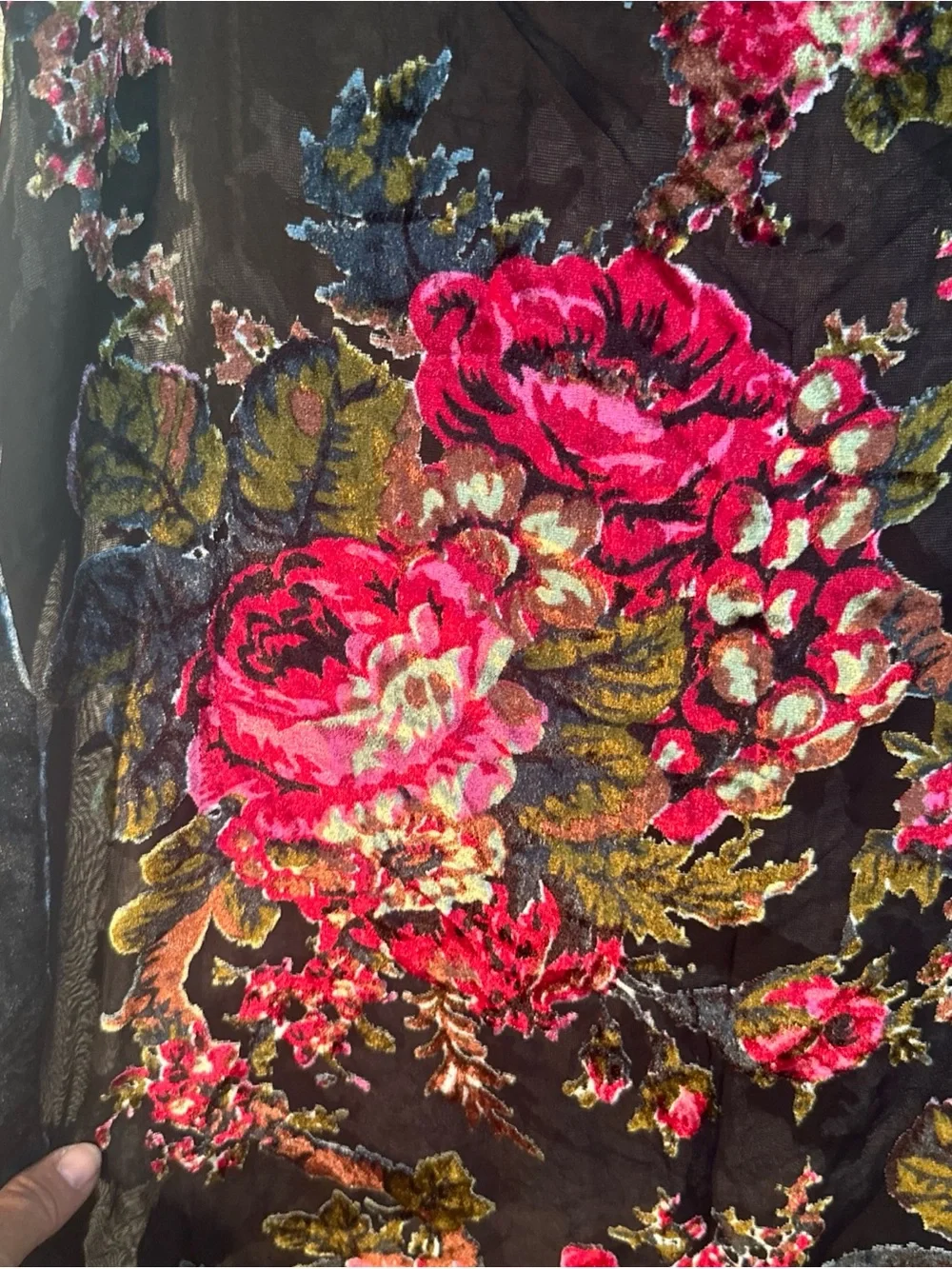 Vintage Black Velvet Burnout Floral Fringe Scarf with Pink and Green Roses